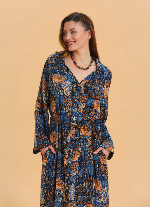 Shirt Collar Belt Detailed Blue Bohemian Dress 4451